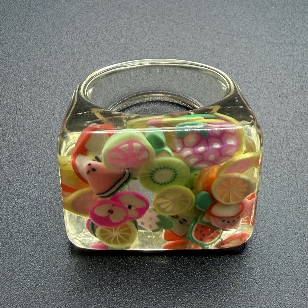 Y2K Clear Resin Fruit Ring Size 7 Chunky Acrylic Square Lucite Statement Retro